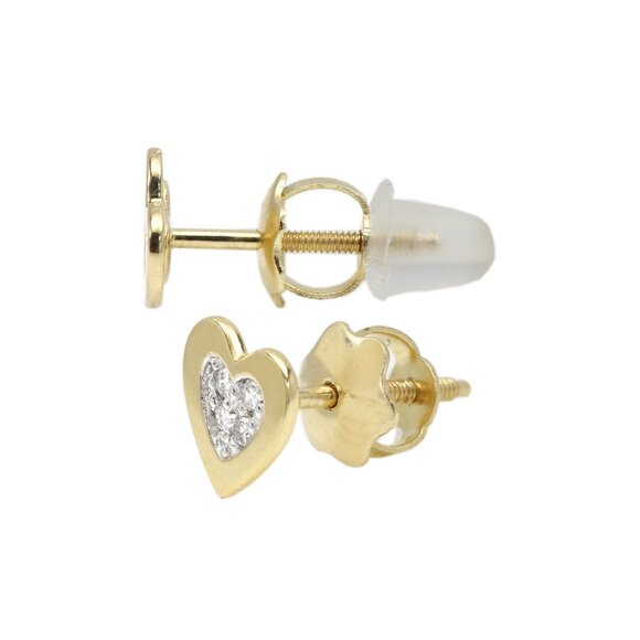 14k Heart Stud Earring Screw Back Mini Size Lab Diamonds - Picture 6 of 6